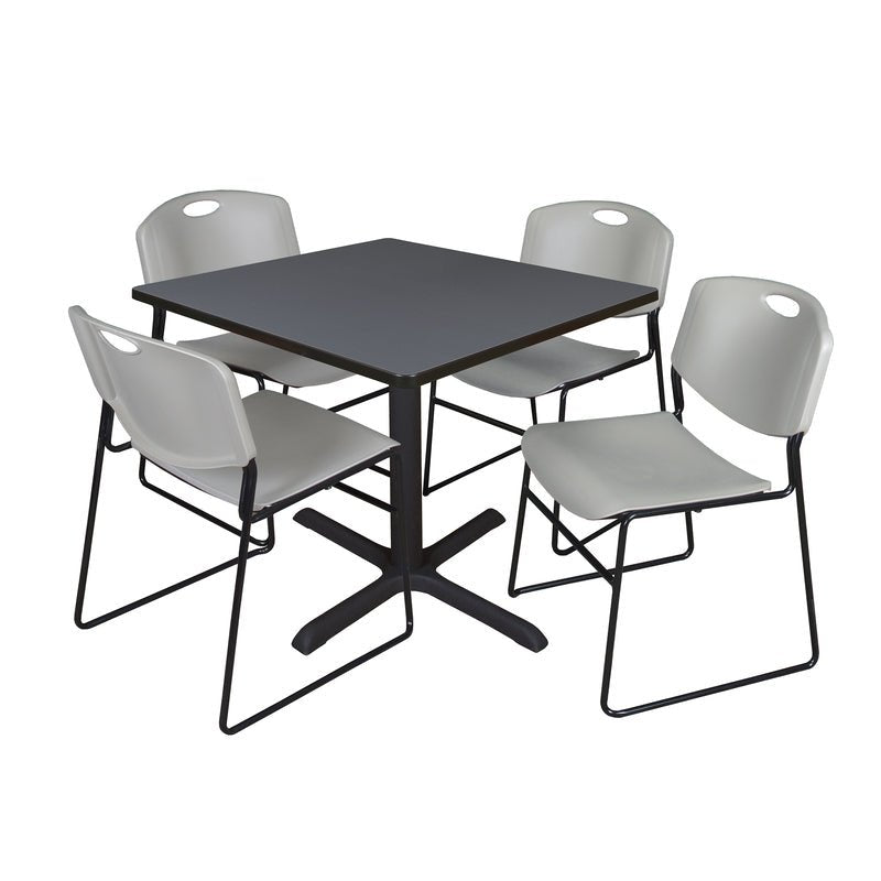 Regency Cain Square Breakroom Table with X - Base and 4 Zeng Stack Chairs 42"W x 42"D x 29"H (REG - TB4242 - 44) - SchoolOutlet