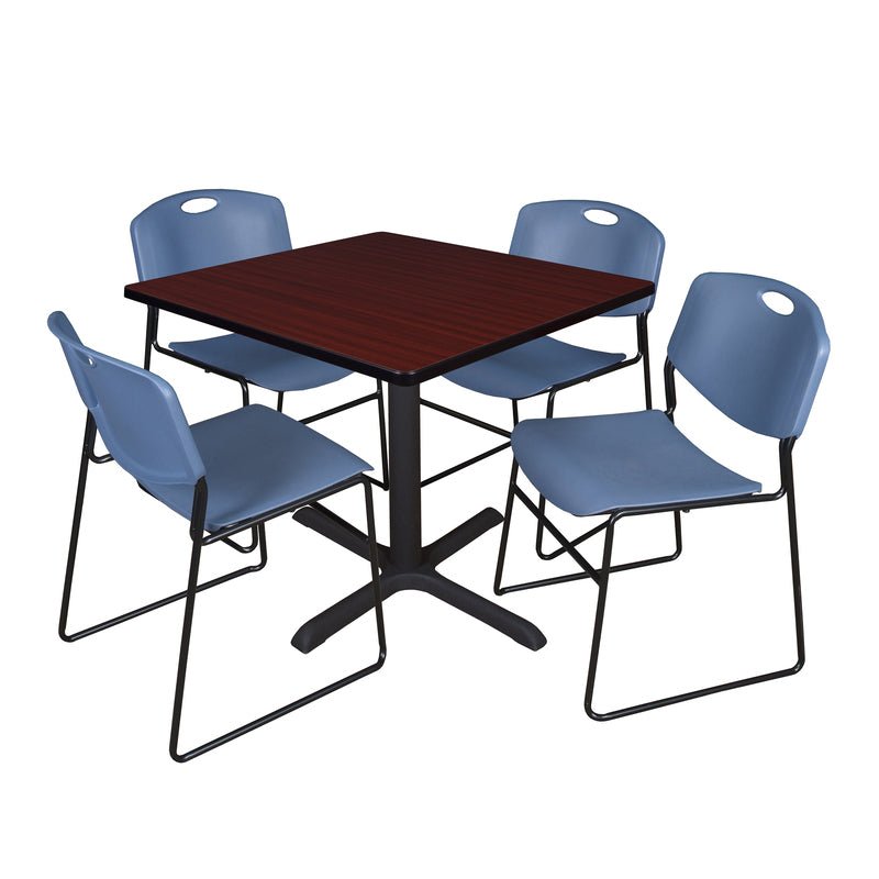 Regency Cain Square Breakroom Table with X - Base and 4 Zeng Stack Chairs 42"W x 42"D x 29"H (REG - TB4242 - 44) - SchoolOutlet