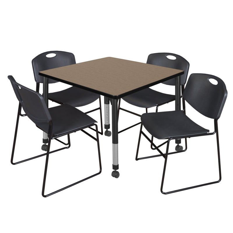 Regency Kee Square Mobile Adjustable Classroom Table and 4 Black Zeng Stack Chairs 42"W x 42"D x 23" - 34"H (REG - TB4242P - 44) - SchoolOutlet