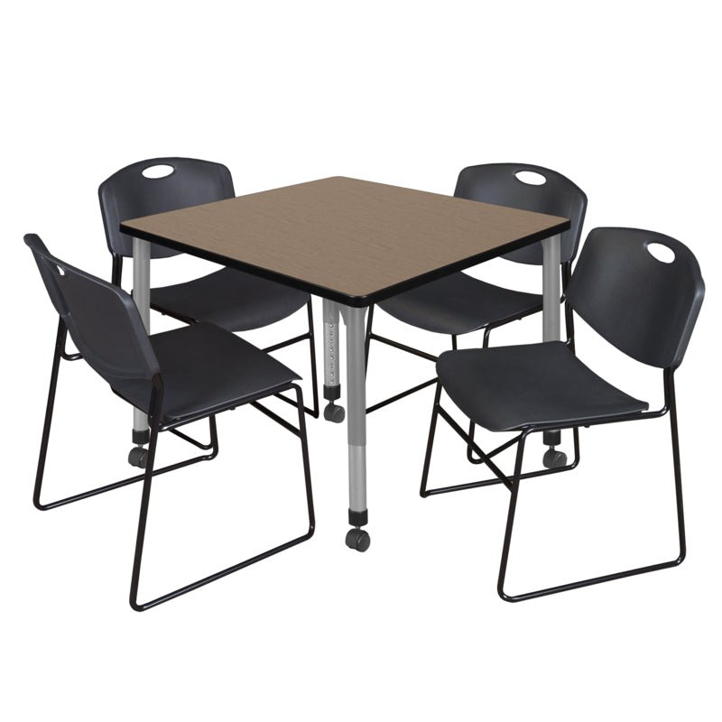 Regency Kee Square Mobile Adjustable Classroom Table and 4 Black Zeng Stack Chairs 42"W x 42"D x 23" - 34"H (REG - TB4242P - 44) - SchoolOutlet