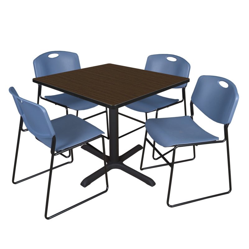Regency Cain Square Breakroom Table with X - Base and 4 Zeng Stack Chairs 42"W x 42"D x 29"H (REG - TB4242 - 44) - SchoolOutlet