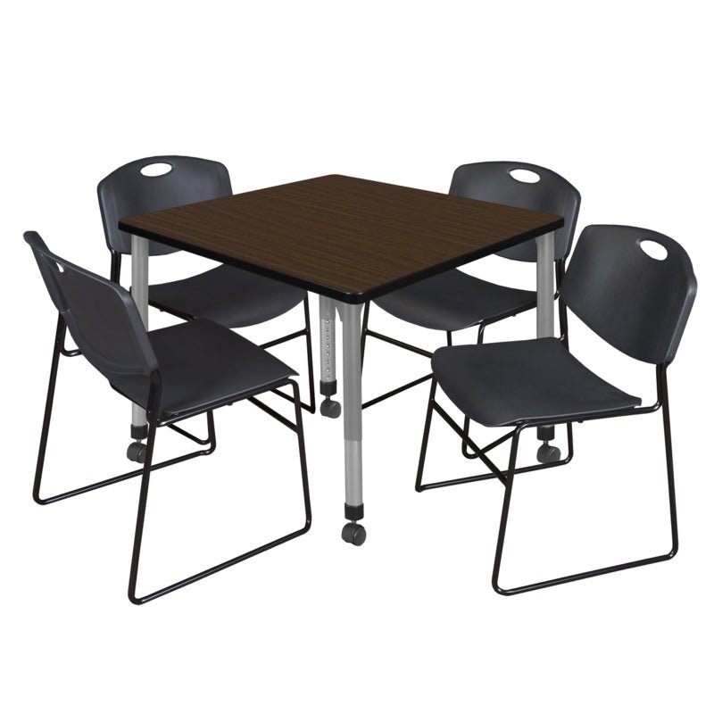 Regency Kee Square Mobile Adjustable Classroom Table and 4 Black Zeng Stack Chairs 42"W x 42"D x 23" - 34"H (REG - TB4242P - 44) - SchoolOutlet