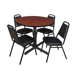 Regency Cain Round Breakroom Table with X-Base and 4 Black Restaurant Stack Chairs 42"W x 42"D x 29"H (REG-TB42R-29)