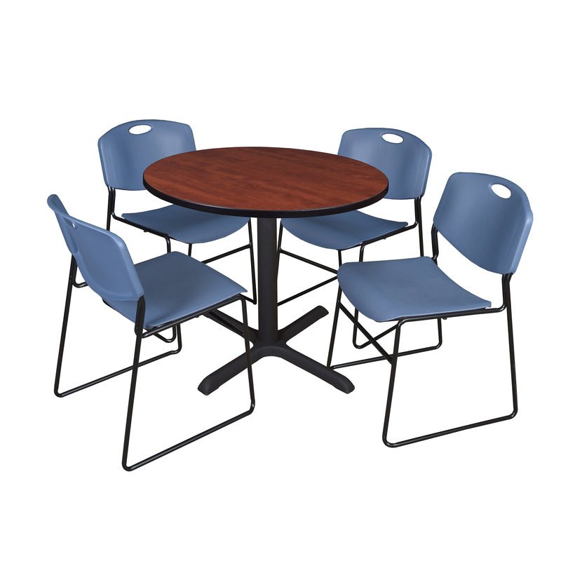 Regency Cain Round Breakroom Table with X - Base and 4 Zeng Stack Chairs 42"W x 42"D x 29"H (REG - TB42R - 44) - SchoolOutlet