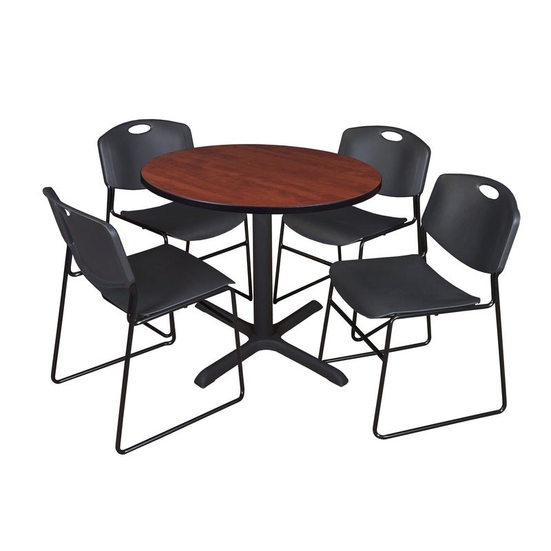 Regency Cain Round Breakroom Table with X - Base and 4 Zeng Stack Chairs 42"W x 42"D x 29"H (REG - TB42R - 44) - SchoolOutlet