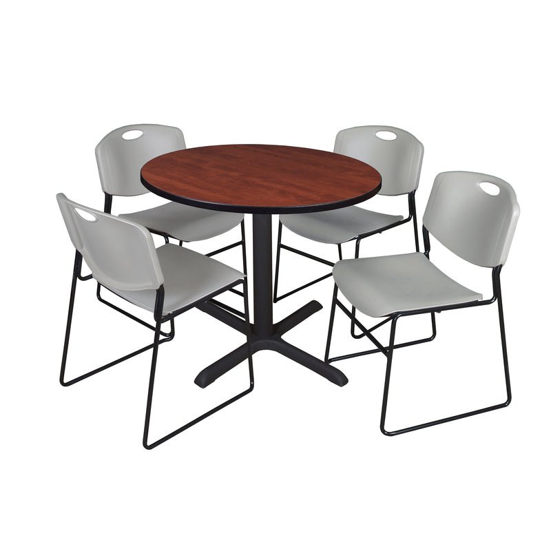 Regency Cain Round Breakroom Table with X - Base and 4 Zeng Stack Chairs 42"W x 42"D x 29"H (REG - TB42R - 44) - SchoolOutlet