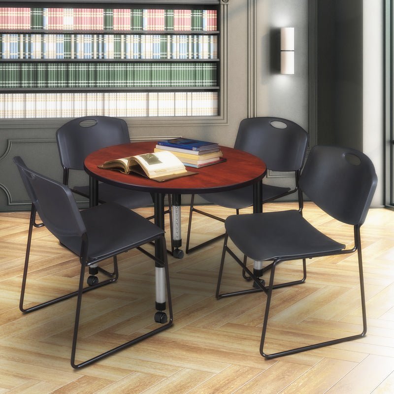 Regency Kee Round Mobile Adjustable Classroom Table and 4 Black Zeng Stack Chairs 42"W x 42"D x 23" - 34"H (REG - TB42RC - 44) - SchoolOutlet