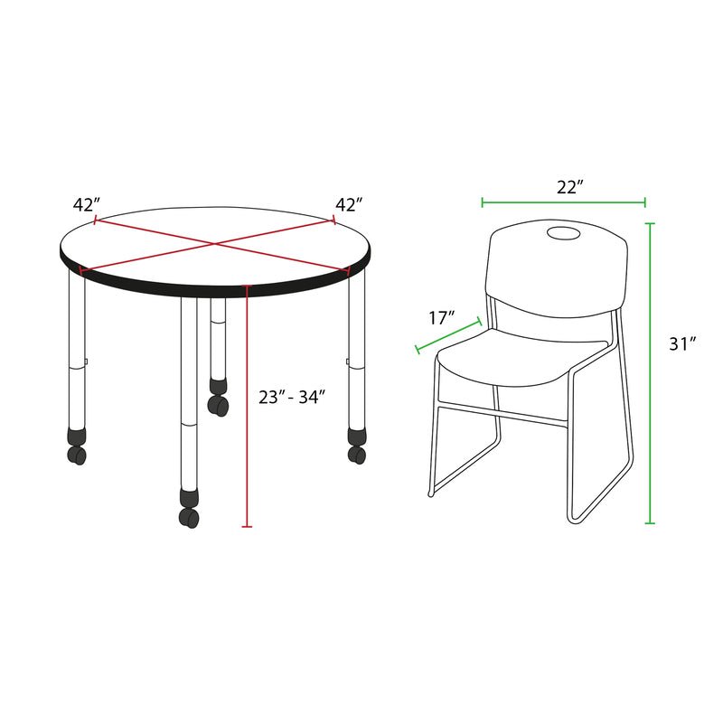 Regency Kee Round Mobile Adjustable Classroom Table and 4 Black Zeng Stack Chairs 42"W x 42"D x 23" - 34"H (REG - TB42RC - 44) - SchoolOutlet