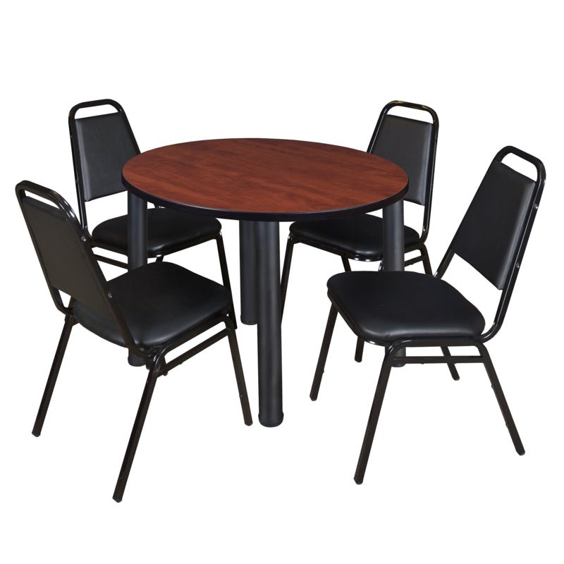Regency Kee Round Breakroom Table with Post Legs and 4 Black Restaurant Stack Chairs 42"W x 42"D x 29"H (REG - TB42R - 29) - SchoolOutlet