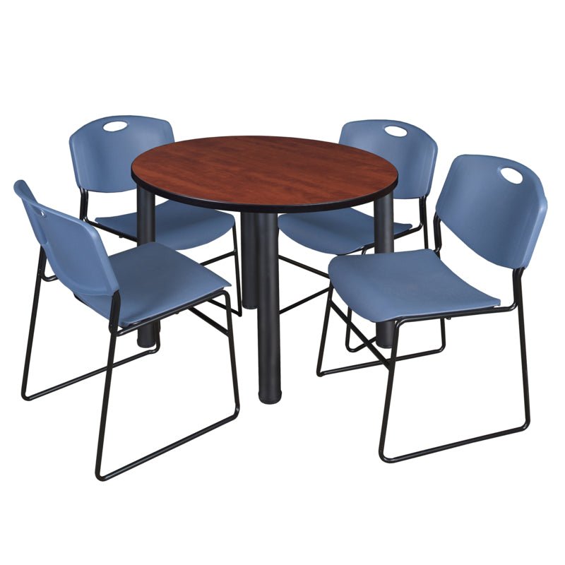 Regency Kee Round Breakroom Table with Post Legs and 4 Zeng Stack Chairs 42"W x 42"D x 29"H (REG - TB42R - 4) - SchoolOutlet