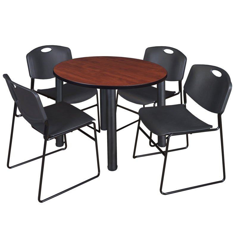Regency Kee Round Breakroom Table with Post Legs and 4 Zeng Stack Chairs 42"W x 42"D x 29"H (REG - TB42R - 4) - SchoolOutlet