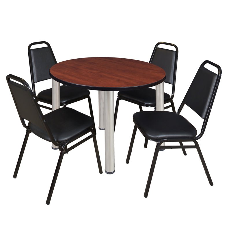 Regency Kee Round Breakroom Table with Post Legs and 4 Black Restaurant Stack Chairs 42"W x 42"D x 29"H (REG - TB42R - 29) - SchoolOutlet