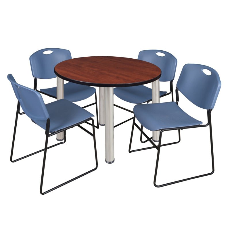 Regency Kee Round Breakroom Table with Post Legs and 4 Zeng Stack Chairs 42"W x 42"D x 29"H (REG - TB42R - 4) - SchoolOutlet