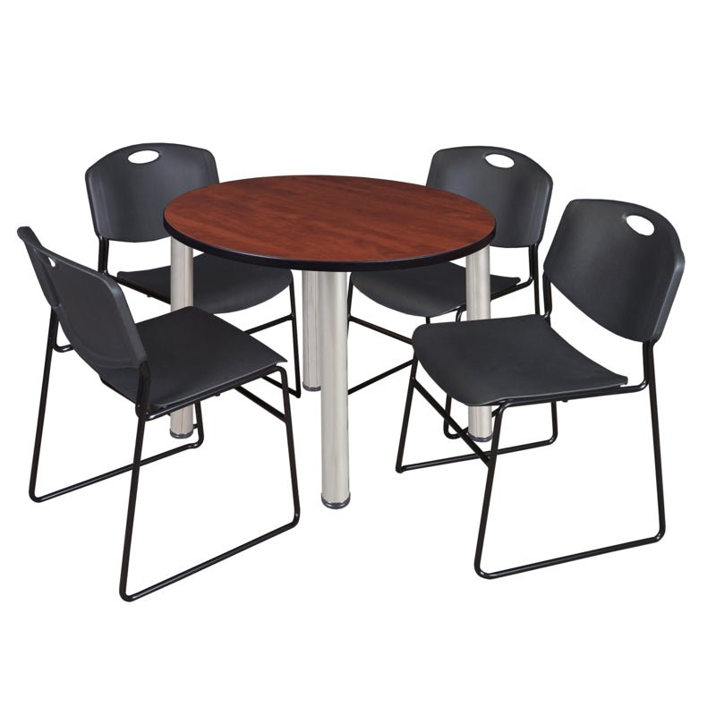 Regency Kee Round Breakroom Table with Post Legs and 4 Zeng Stack Chairs 42"W x 42"D x 29"H (REG - TB42R - 4) - SchoolOutlet