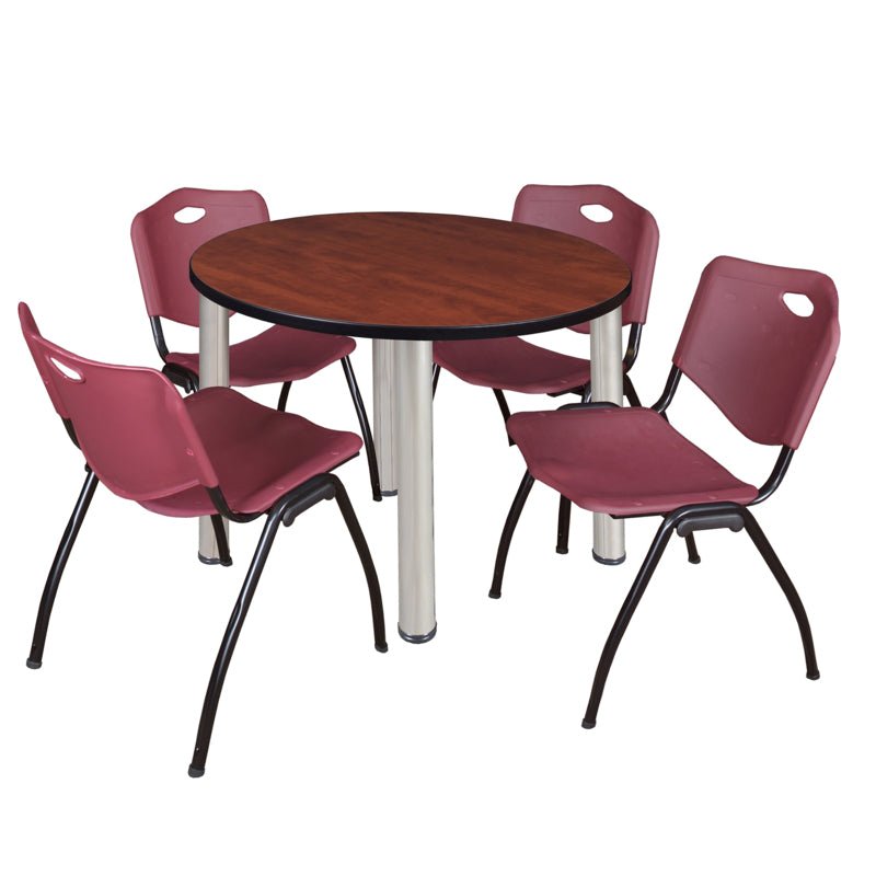 Regency Kee Round Breakroom Table with Post Legs and 4 M Stack Chairs 42"W x 42"D x 29"H (REG - TB42R - 47) - SchoolOutlet