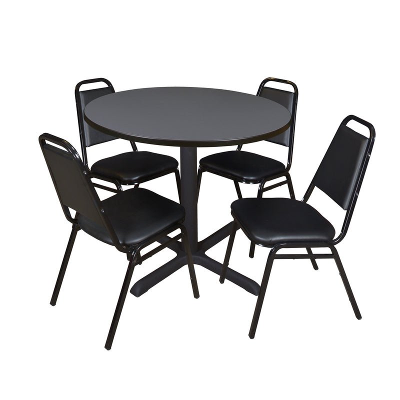 Regency Cain Round Breakroom Table with X - Base and 4 Black Restaurant Stack Chairs 42"W x 42"D x 29"H (REG - TB42R - 29) - SchoolOutlet