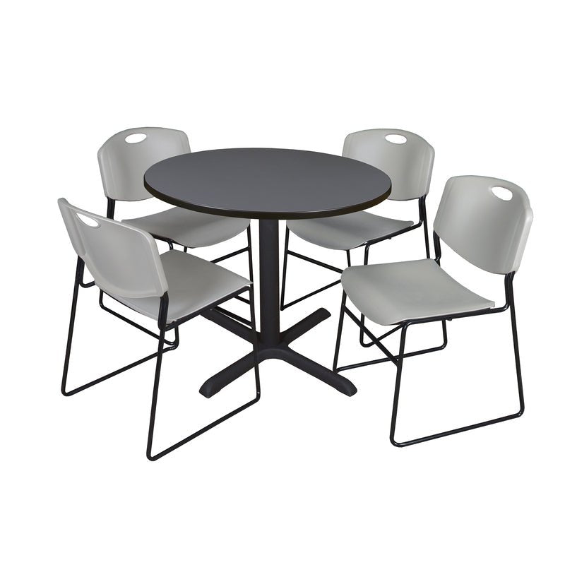 Regency Cain Round Breakroom Table with X - Base and 4 Zeng Stack Chairs 42"W x 42"D x 29"H (REG - TB42R - 44) - SchoolOutlet