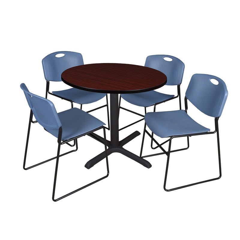 Regency Cain Round Breakroom Table with X - Base and 4 Zeng Stack Chairs 42"W x 42"D x 29"H (REG - TB42R - 44) - SchoolOutlet