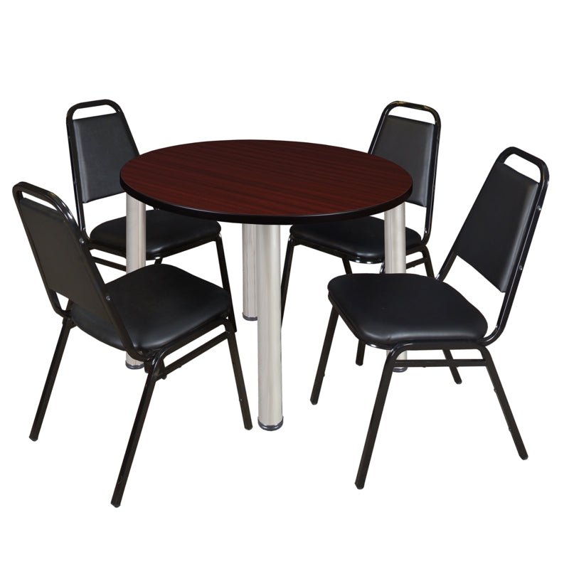 Regency Kee Round Breakroom Table with Post Legs and 4 Black Restaurant Stack Chairs 42"W x 42"D x 29"H (REG - TB42R - 29) - SchoolOutlet