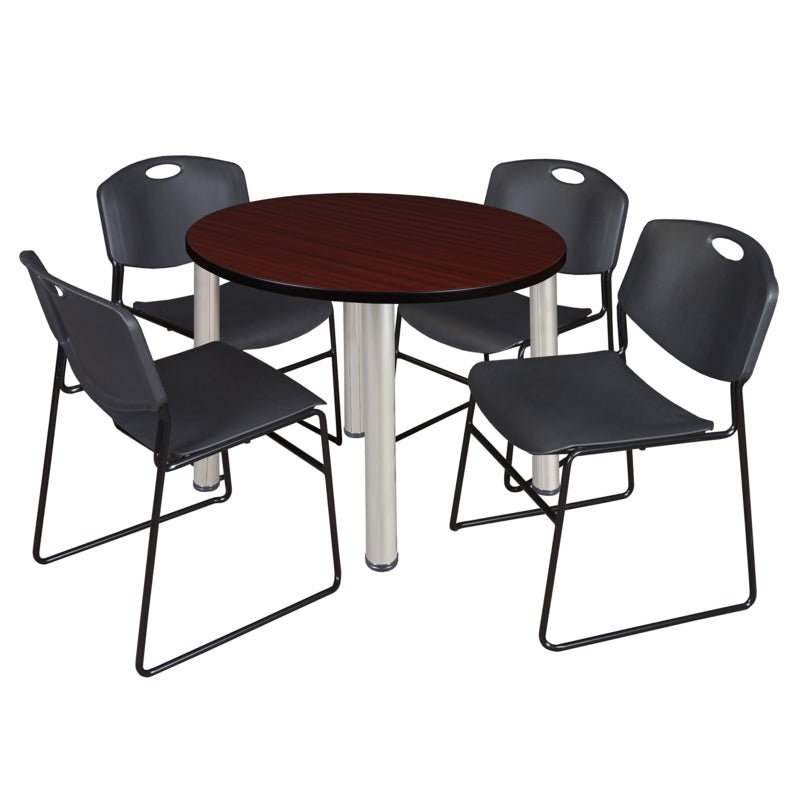 Regency Kee Round Breakroom Table with Post Legs and 4 Zeng Stack Chairs 42"W x 42"D x 29"H (REG - TB42R - 4) - SchoolOutlet