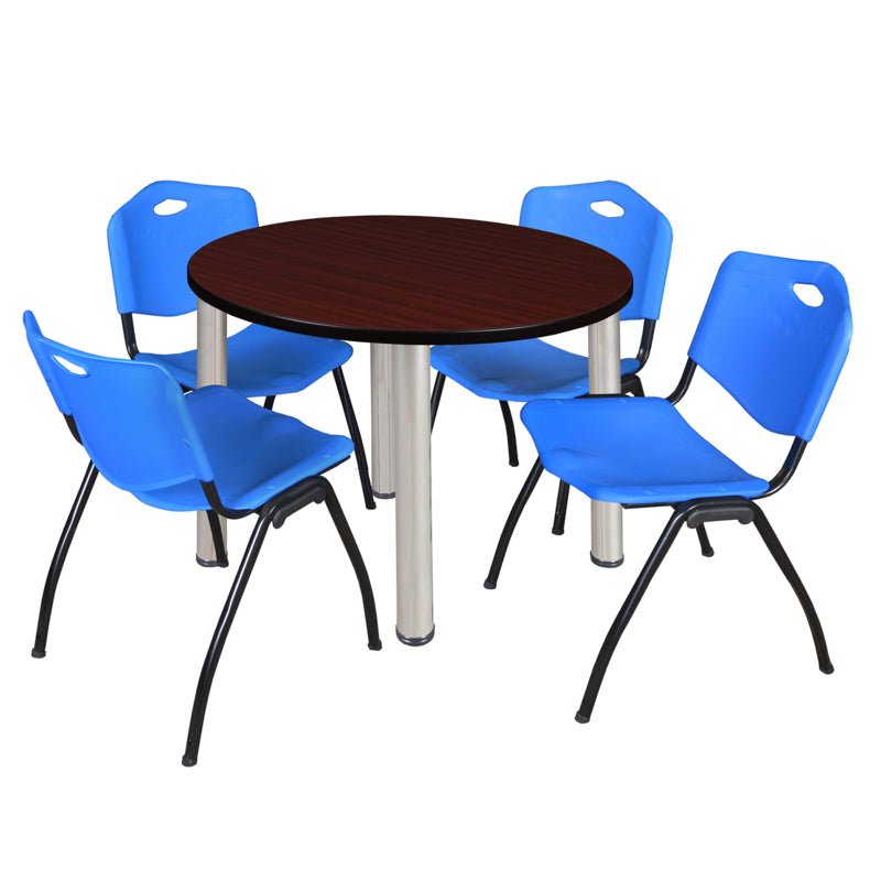 Regency Kee Round Breakroom Table with Post Legs and 4 M Stack Chairs 42"W x 42"D x 29"H (REG - TB42R - 47) - SchoolOutlet