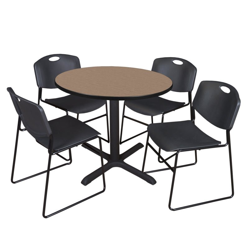 Regency Cain Round Breakroom Table with X - Base and 4 Zeng Stack Chairs 42"W x 42"D x 29"H (REG - TB42R - 44) - SchoolOutlet
