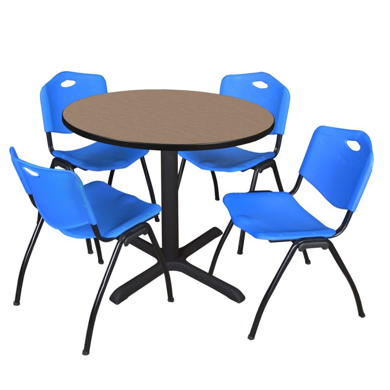 Regency Cain Round Breakroom Table with X - Base and 4 M Stack Chairs 42"W x 42"D x 29"H (REG - TB42R - 47) - SchoolOutlet