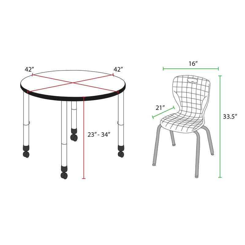 Regency Kee Round Mobile Adjustable Classroom Table and 4 Andy Stack Chairs 42"W x 42"D x 23" 34"H (REG - TB42R - 40) - SchoolOutlet