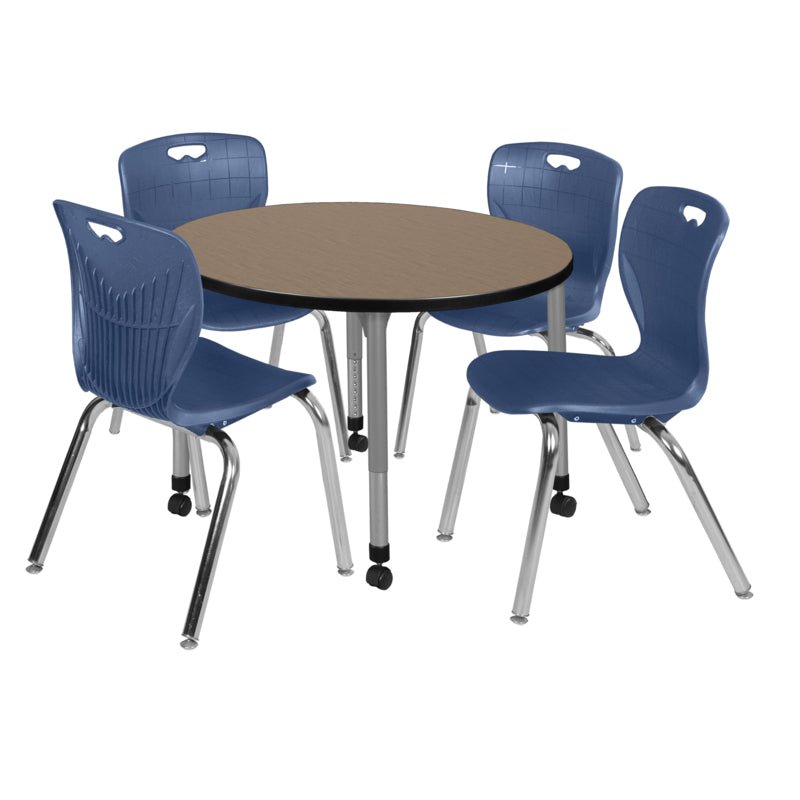 Regency Kee Round Mobile Adjustable Classroom Table and 4 Andy Stack Chairs 42"W x 42"D x 23" 34"H (REG - TB42R - 40) - SchoolOutlet