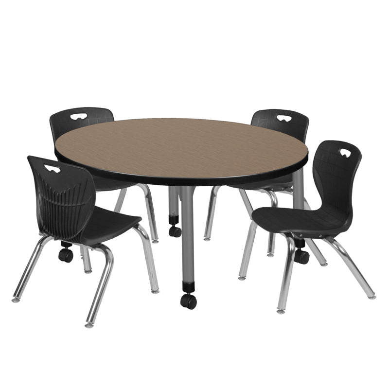 Regency Kee Round Mobile Adjustable Classroom Table and 4 Andy Stack Chairs 42"W x 42"D x 23" - 34"H (REG - TB42R - 45) - SchoolOutlet