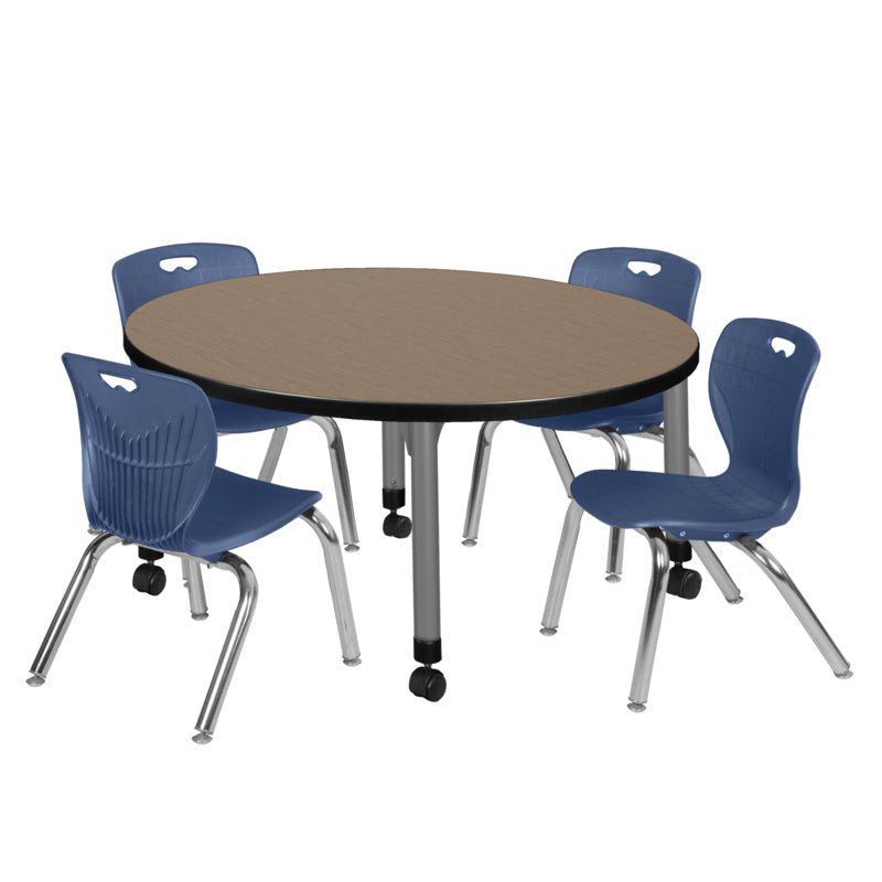 Regency Kee Round Mobile Adjustable Classroom Table and 4 Andy Stack Chairs 42"W x 42"D x 23" - 34"H (REG - TB42R - 45) - SchoolOutlet
