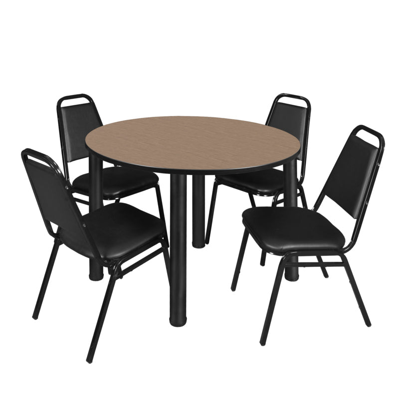 Regency Kee Round Breakroom Table with Post Legs and 4 Black Restaurant Stack Chairs 42"W x 42"D x 29"H (REG - TB42R - 29) - SchoolOutlet