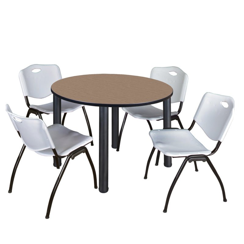 Regency Kee Round Breakroom Table with Post Legs and 4 M Stack Chairs 42"W x 42"D x 29"H (REG - TB42R - 47) - SchoolOutlet