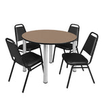 Regency Kee Round Breakroom Table with Post Legs and 4 Black Restaurant Stack Chairs 42