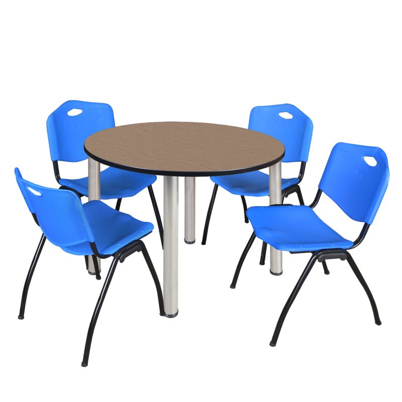 Regency Kee Round Breakroom Table with Post Legs and 4 M Stack Chairs 42"W x 42"D x 29"H (REG - TB42R - 47) - SchoolOutlet