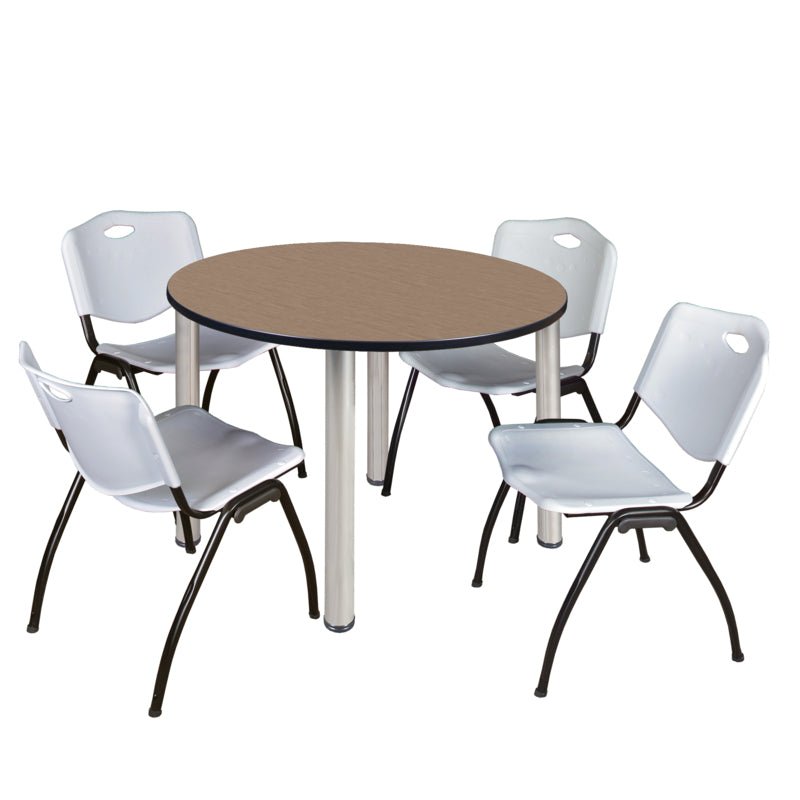 Regency Kee Round Breakroom Table with Post Legs and 4 M Stack Chairs 42"W x 42"D x 29"H (REG - TB42R - 47) - SchoolOutlet