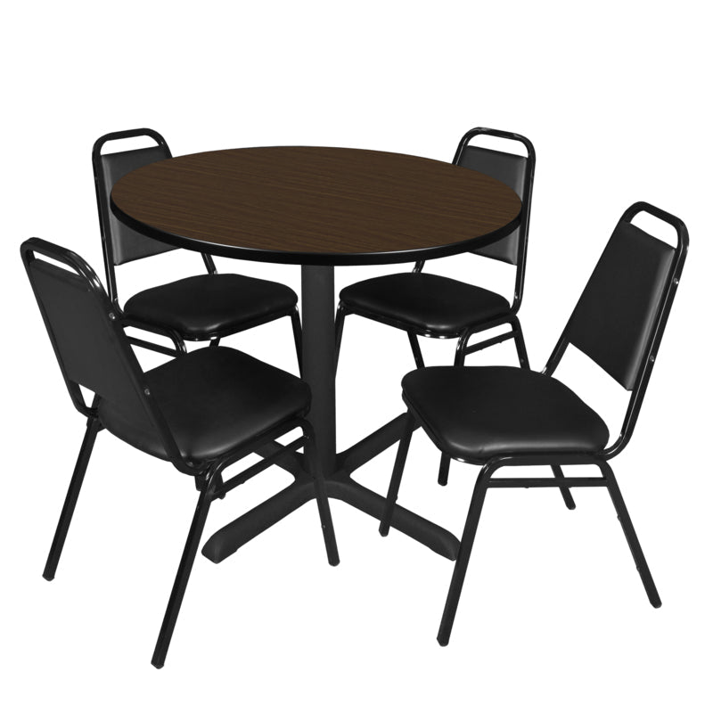 Regency Cain Round Breakroom Table with X - Base and 4 Black Restaurant Stack Chairs 42"W x 42"D x 29"H (REG - TB42R - 29) - SchoolOutlet