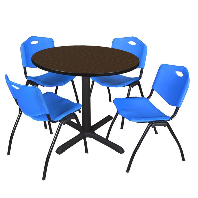 Regency Cain Round Breakroom Table with X - Base and 4 M Stack Chairs 42"W x 42"D x 29"H (REG - TB42R - 47) - SchoolOutlet