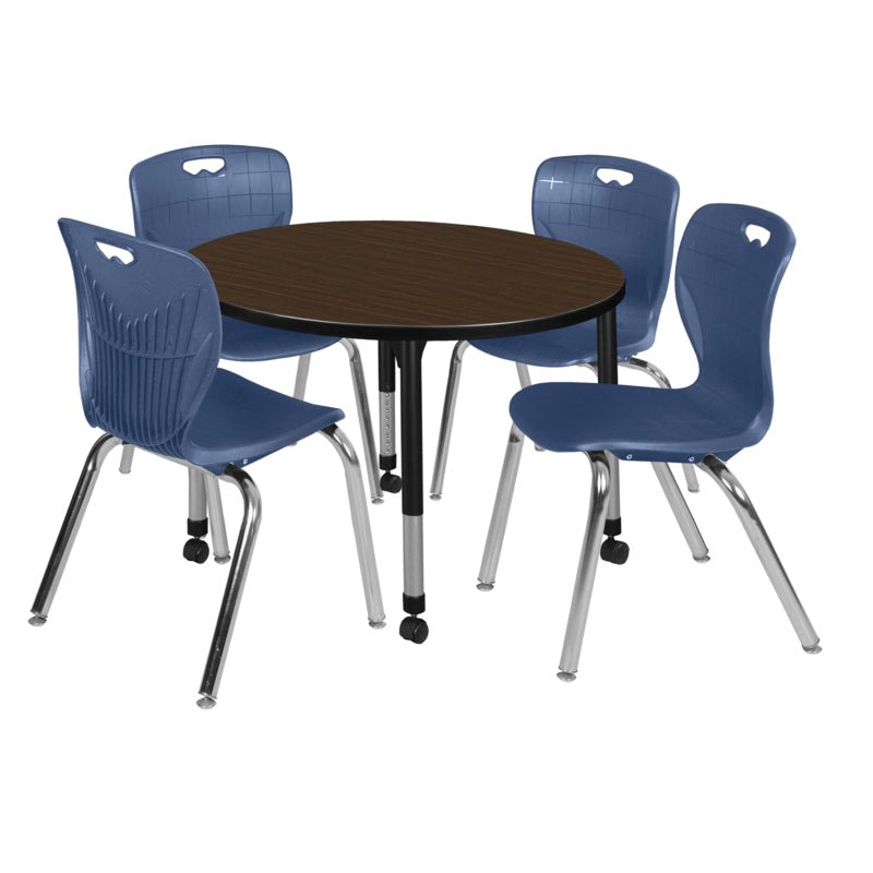 Regency Kee Round Mobile Adjustable Classroom Table and 4 Andy Stack Chairs 42"W x 42"D x 23" 34"H (REG - TB42R - 40) - SchoolOutlet