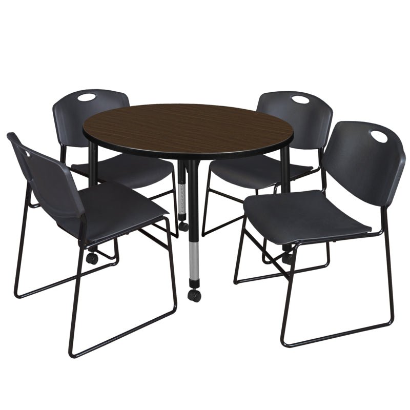 Regency Kee Round Mobile Adjustable Classroom Table and 4 Black Zeng Stack Chairs 42"W x 42"D x 23" - 34"H (REG - TB42RC - 44) - SchoolOutlet