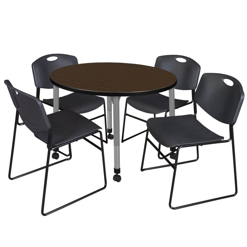 Regency Kee Round Mobile Adjustable Classroom Table and 4 Black Zeng Stack Chairs 42"W x 42"D x 23" - 34"H (REG - TB42RC - 44) - SchoolOutlet
