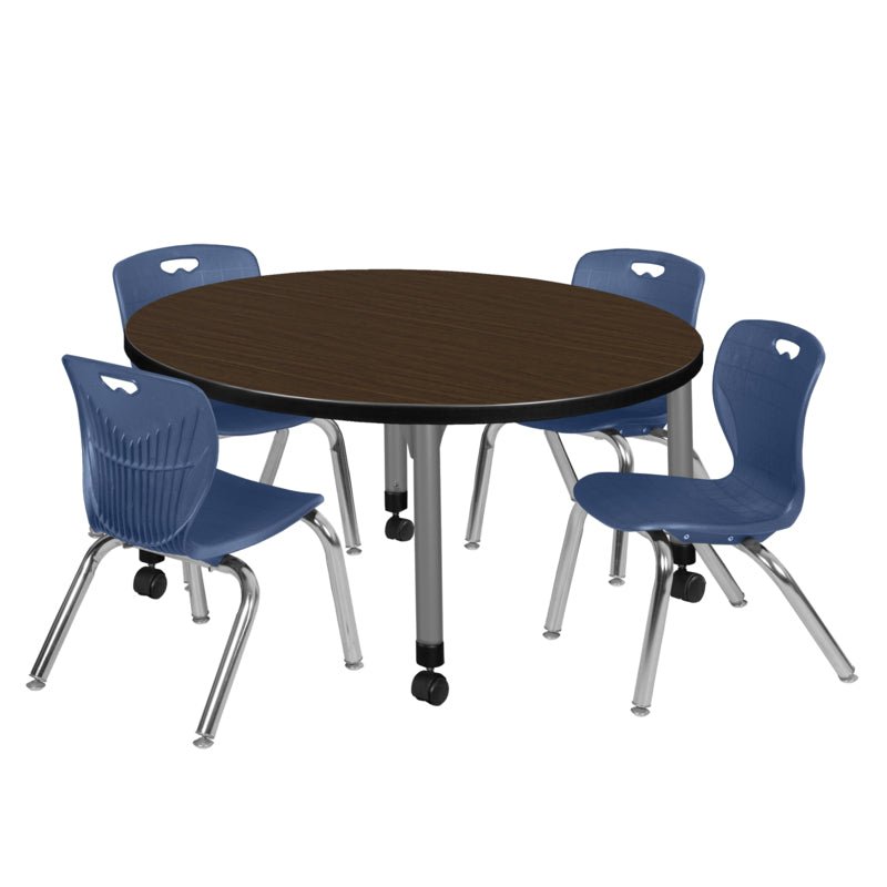 Regency Kee Round Mobile Adjustable Classroom Table and 4 Andy Stack Chairs 42"W x 42"D x 23" - 34"H (REG - TB42R - 45) - SchoolOutlet