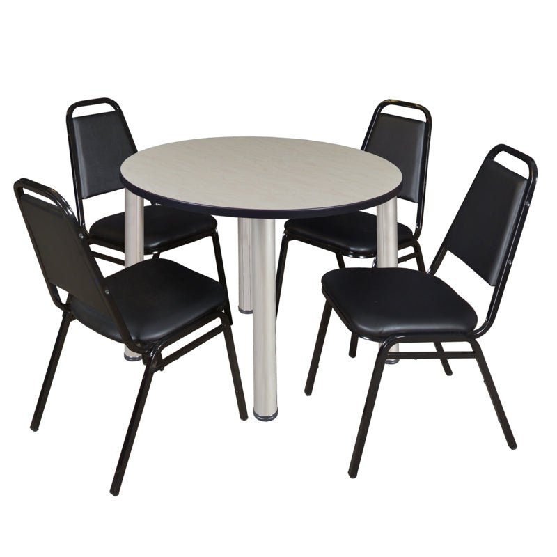 Regency Kee Round Breakroom Table with Post Legs and 4 Black Restaurant Stack Chairs 42"W x 42"D x 29"H (REG - TB42R - 29) - SchoolOutlet