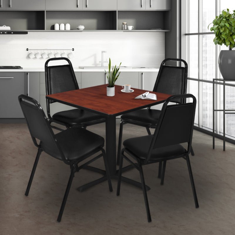 Regency Cain Square Breakroom Table with X - Base and 4 Black Restaurant Stack Chairs 48"W x 48"D x 29"H (REG - TB4848 - 29) - SchoolOutlet