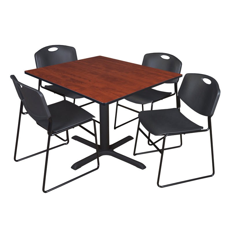 Regency Cain Square Breakroom Table with X - Base and 4 Zeng Stack Chairs 48"W x 48"D x 29"H (REG - TB4848 - 44) - SchoolOutlet