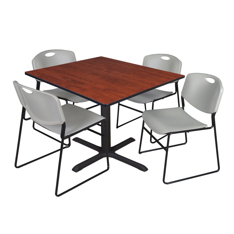 Regency Cain Square Breakroom Table with X - Base and 4 Zeng Stack Chairs 48"W x 48"D x 29"H (REG - TB4848 - 44) - SchoolOutlet