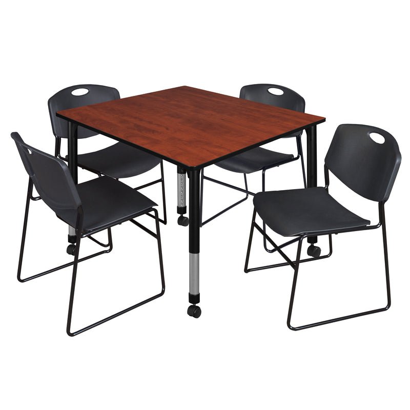 Regency Kee Square Mobile Adjustable Classroom Table and 4 Black Zeng Stack Chairs 48"W x 48"D x 23" - 34"H (REG - TB4848 - 44) - SchoolOutlet