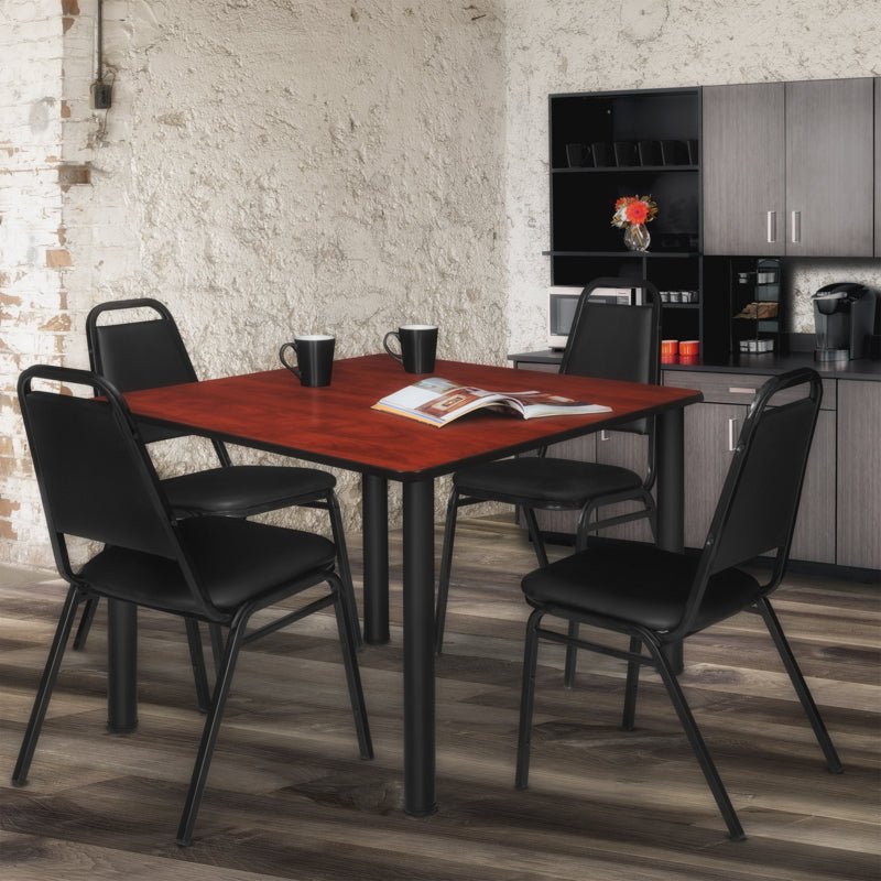 Regency Kee Square Breakroom Table with 4 Black Restaurant Stack Chairs 48" W x 48" D x 29" H (REG - TB4848 - 29) - SchoolOutlet