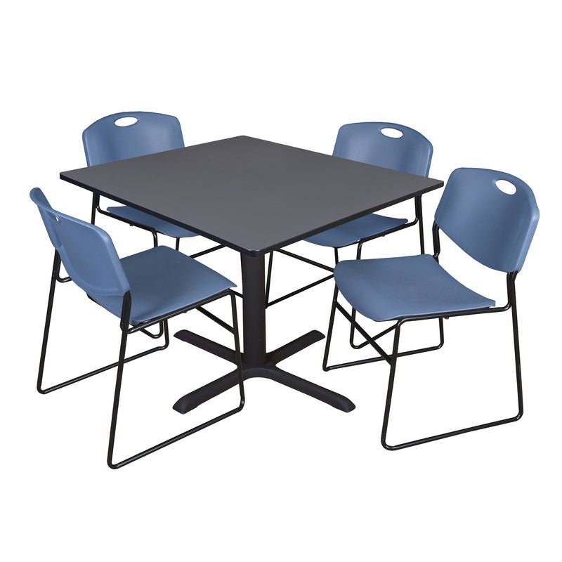 Regency Cain Square Breakroom Table with X - Base and 4 Zeng Stack Chairs 48"W x 48"D x 29"H (REG - TB4848 - 44) - SchoolOutlet