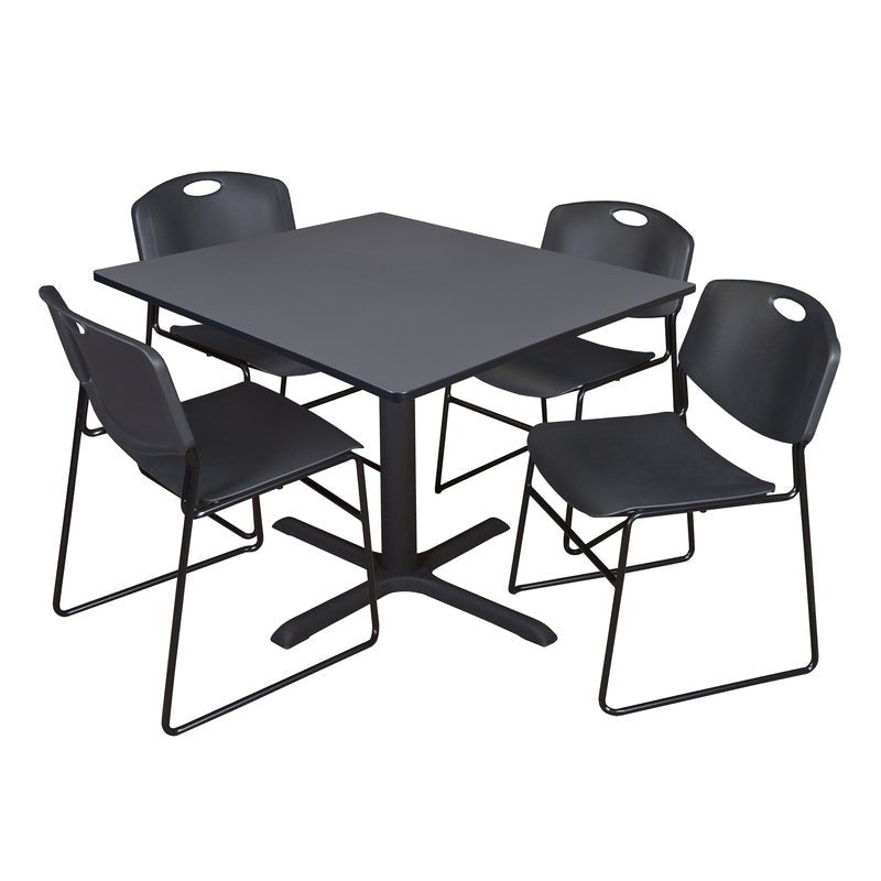 Regency Cain Square Breakroom Table with X - Base and 4 Zeng Stack Chairs 48"W x 48"D x 29"H (REG - TB4848 - 44) - SchoolOutlet
